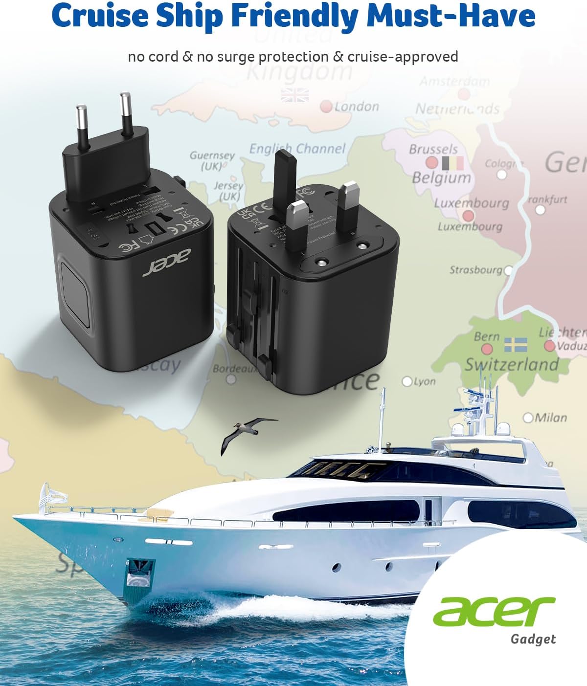Acer European Travel Plug Adapter，Universal Travel Adapter, International Power Adapter for USA to Europe UK France Germany Spain Ireland Australia (Type C/G/A/I),Black