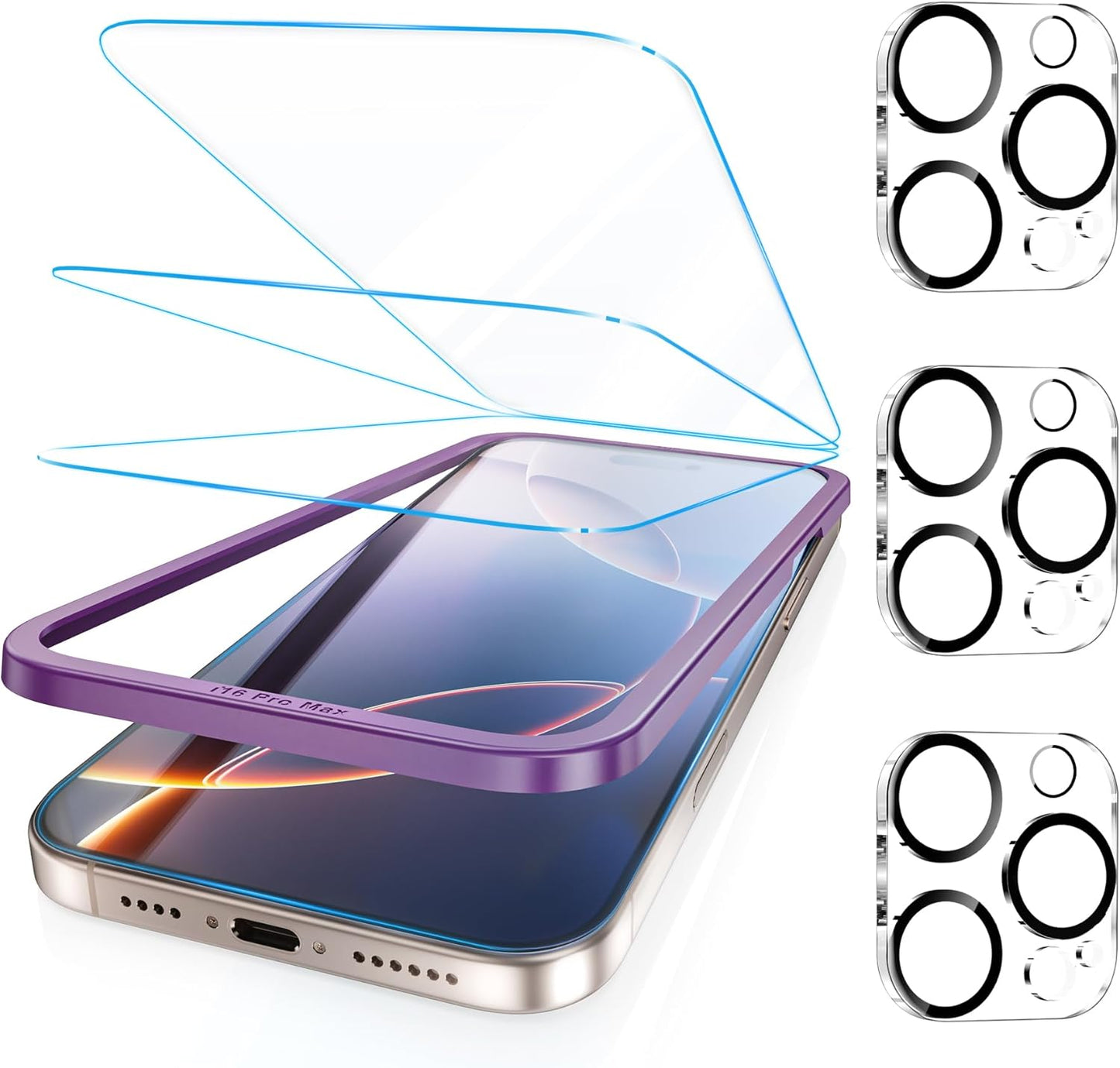 Fotbor [3+3 Pack for iPhone 16 Pro Screen Protector, Anti-Blue Light, [Eye Protection] 9H+ Tempered Glass with Camera Lens Protector Anti-Glare