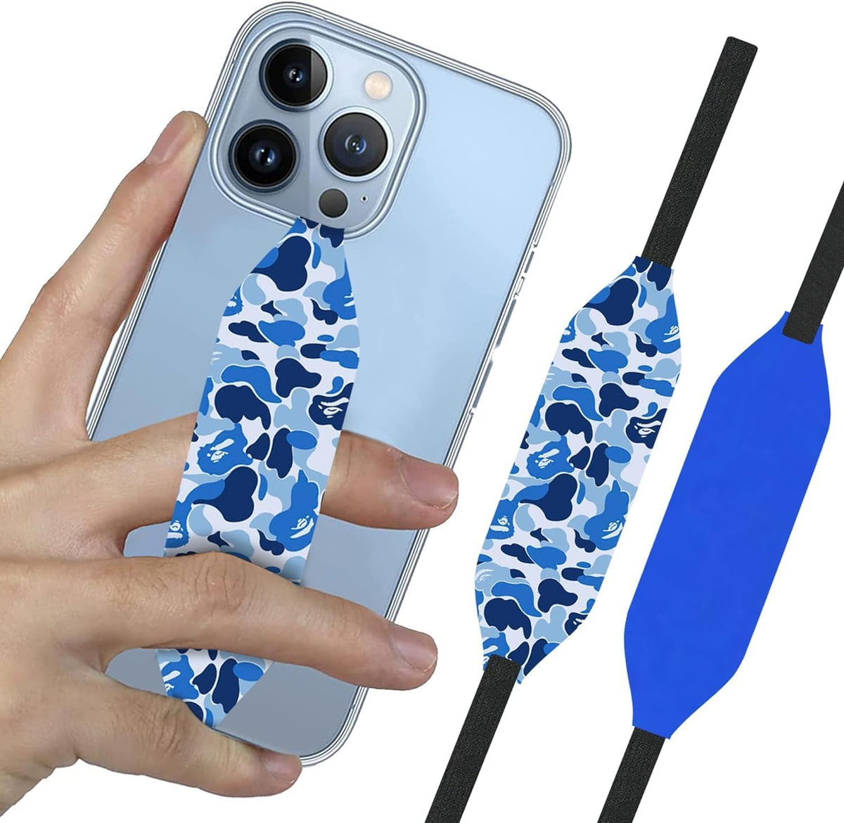 Phone Grip Strap - Reversible Finger Holder for Phone Back, Customizable Anti-Slip Design, Wireless Charging Compatible Detachable Holder for iPhone - Blue & Cobalt Blue