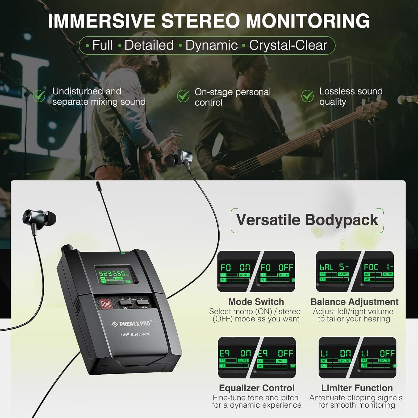 Phenyx Pro Wireless in Ear Monitor System, True Stereo UHF IEM, in Ear Monitors for Musicians, Metal Stage Monitor w/ 89 Frequencies, Rack Mount, for Studio/Band (2 Bodypacks with Transmitter)
