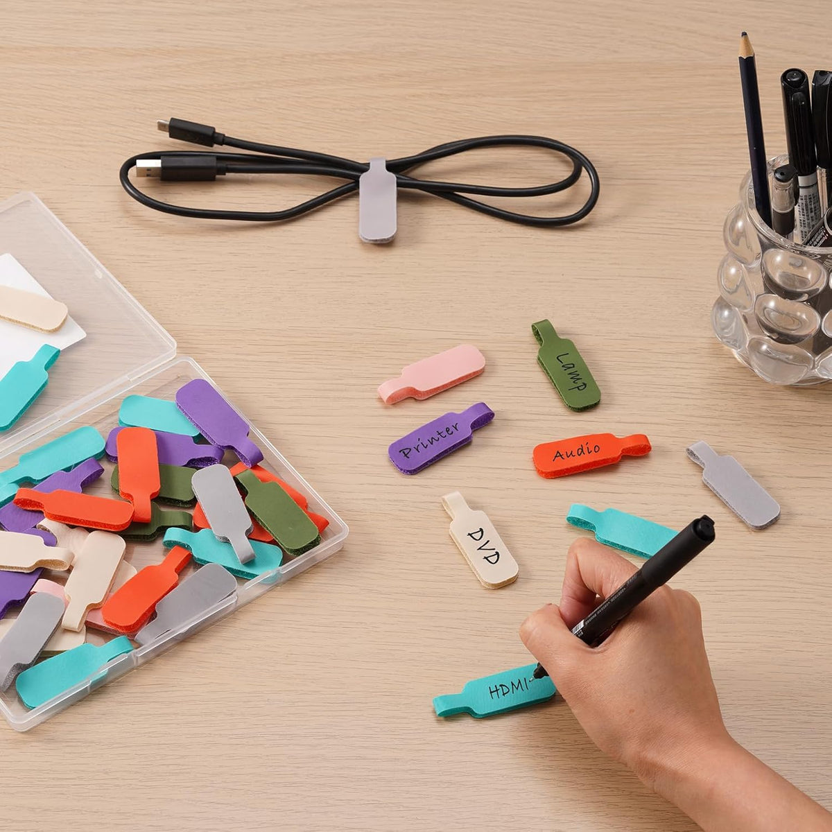 Trilancer Cable Cord Labels Large Size, for Organizing Wires and Identification, Multicolored Handwriting Cable Tags, Reusable with Multiple Uses - 35 PCS