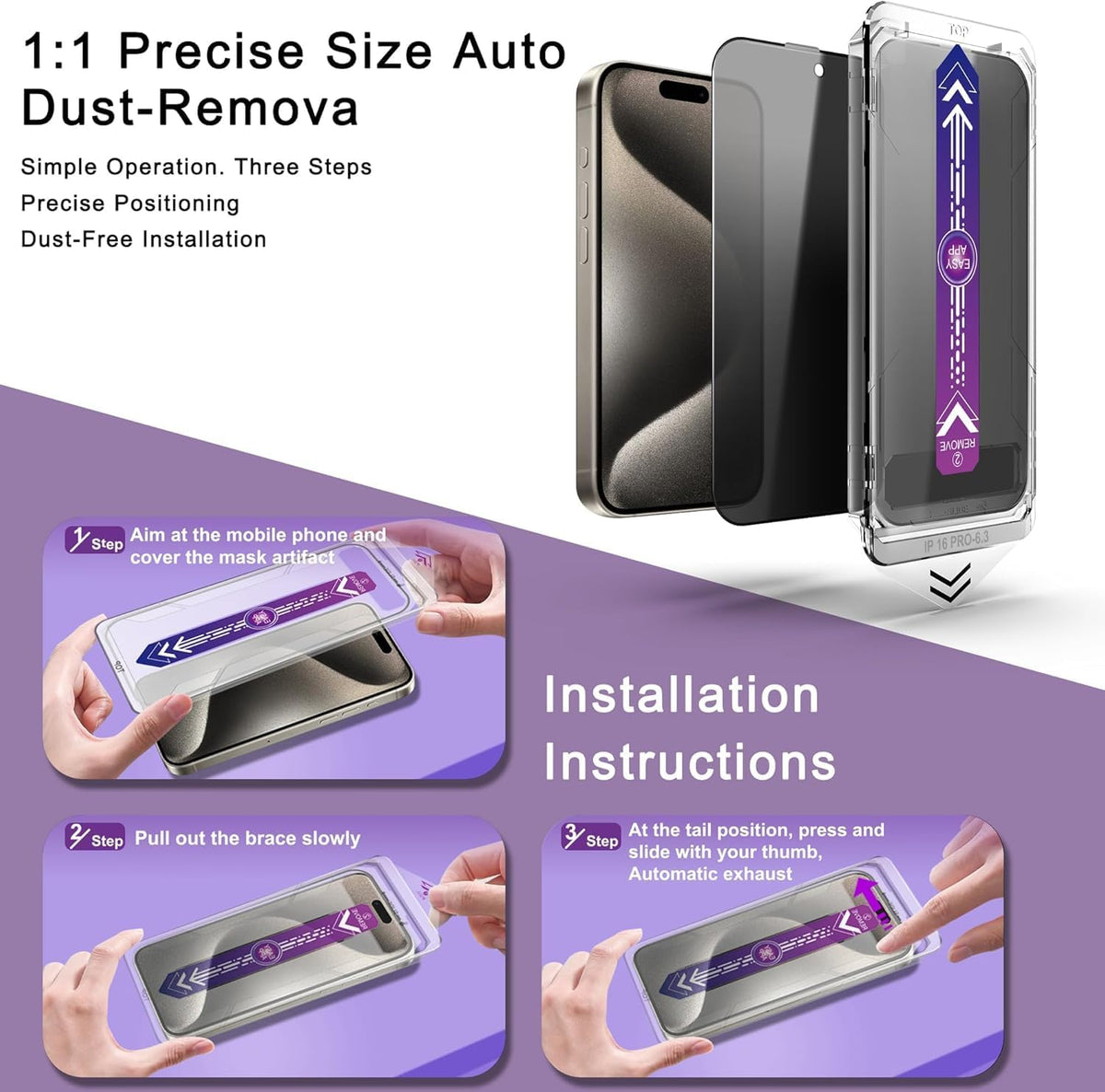 Privacy Screen Protector for iPhone 17, iPhone 16 Pro 6.3-Inch, Auto Dust Removal, 9H Tempered Glass, Full Cover, Anti-Fingerprint, Easy Installation,2 Pack