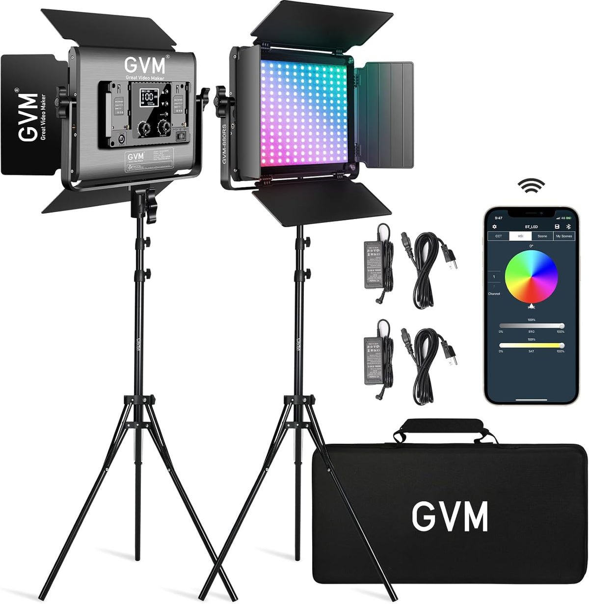 GVM RGB LED Video Light with Bluetooth Control, 60W Photography Studio Lighting Kit with Stands, 2-Packs 880RS Dimmable Led Panel Light for YouTube, Streaming, Gaming, 8 Applicable Scenes, CRI97