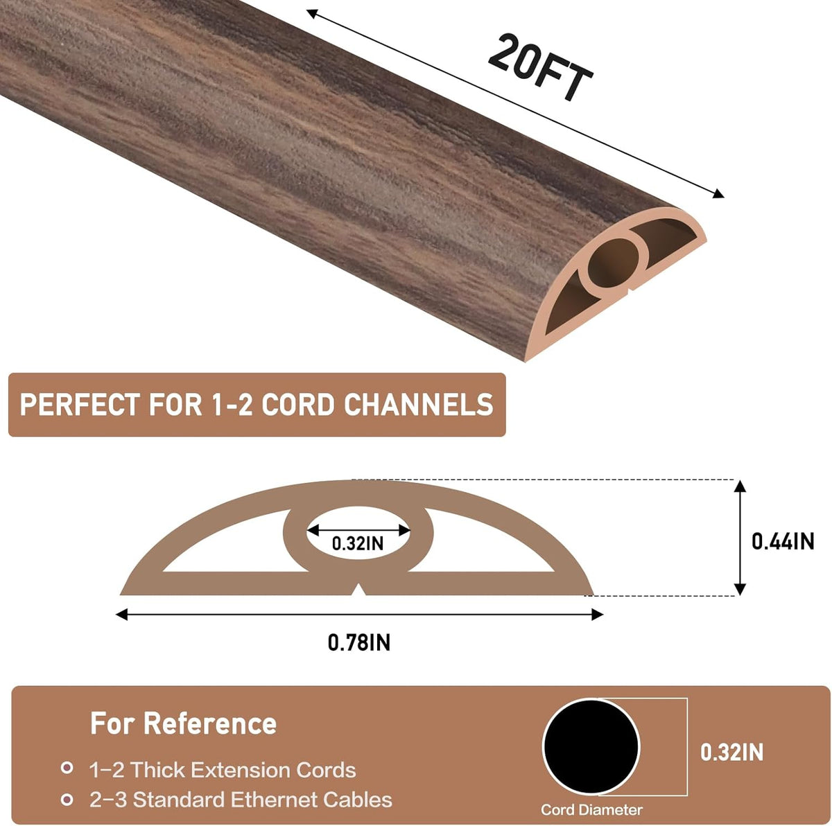 Floor Cord Cover Self Adhesive Cord Hider Floor Extension Cord Covers for Floor Power Cord Protector Cable Management Prevent Cable Trips Cable Cavity 0.32" W x 0.32" H (Smoked Brown Wood, 20Ft)