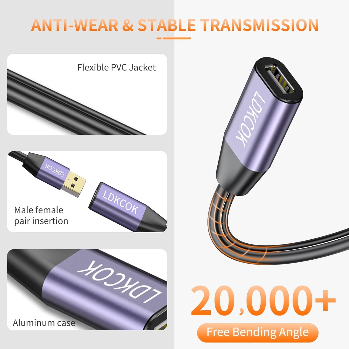 LDKCOK USB 2.0 Type A Male to A Female Active Repeater Extension Cable 75ft, High Speed 480 Mbps