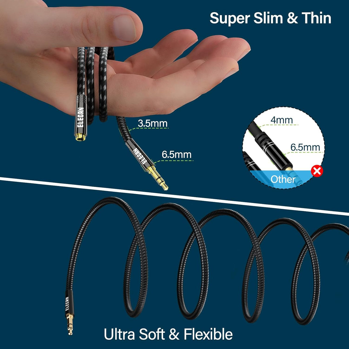 Elecan Headphone Extension Cable 3 Ft/2 Pack, 1/8 Inch 3.5 MM AUX Cord Wire Male to Female, Hi-Fi Sound Thin&Slim Braided TRS Stereo Audio Beats Cable Extender for Car,Home Stereos, Speaker,Phones