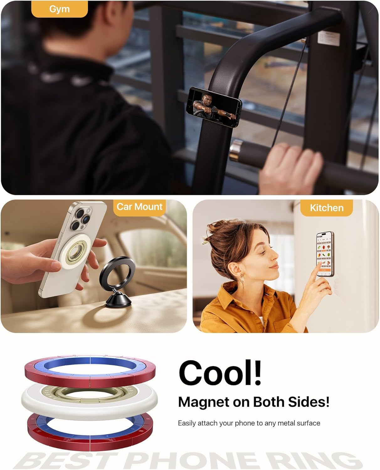 andobil [2025 Upgraded] Double-sided Magnetic Phone Grip for MagSafe [Sability Max] Strong Magnetic Phone Ring Holder Compatible with MagSafe Accessories, iPhone 16 Plus 15 14 13 12 Pro Max Mini White