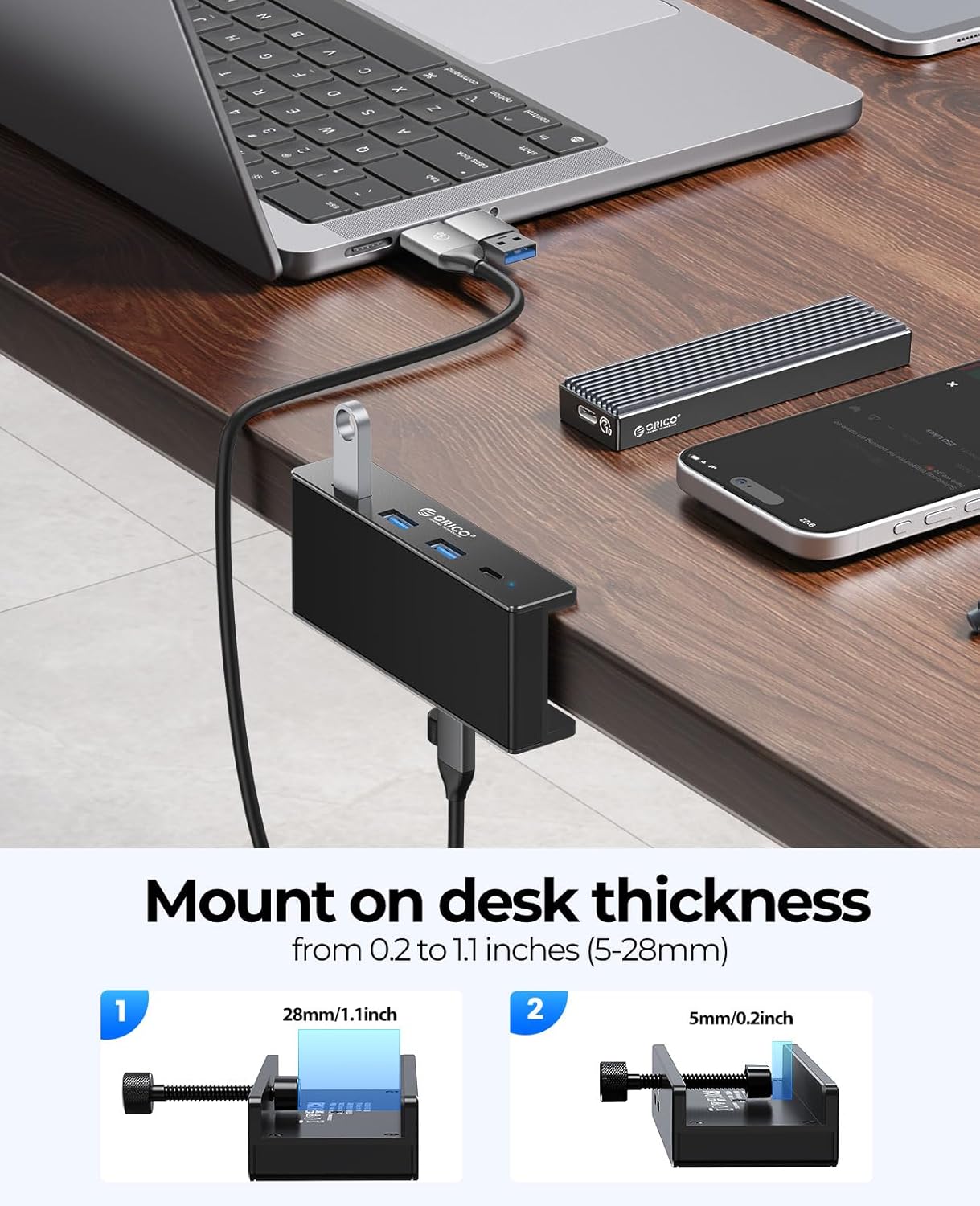 ORICO USB Hub 3.0, Clamp USB Hub with Extra Power Supply Port, Aluminum 4-Port USB Adapter with 3 USB-A Data Ports, USB-C Port for Monitors, Desks (Black)
