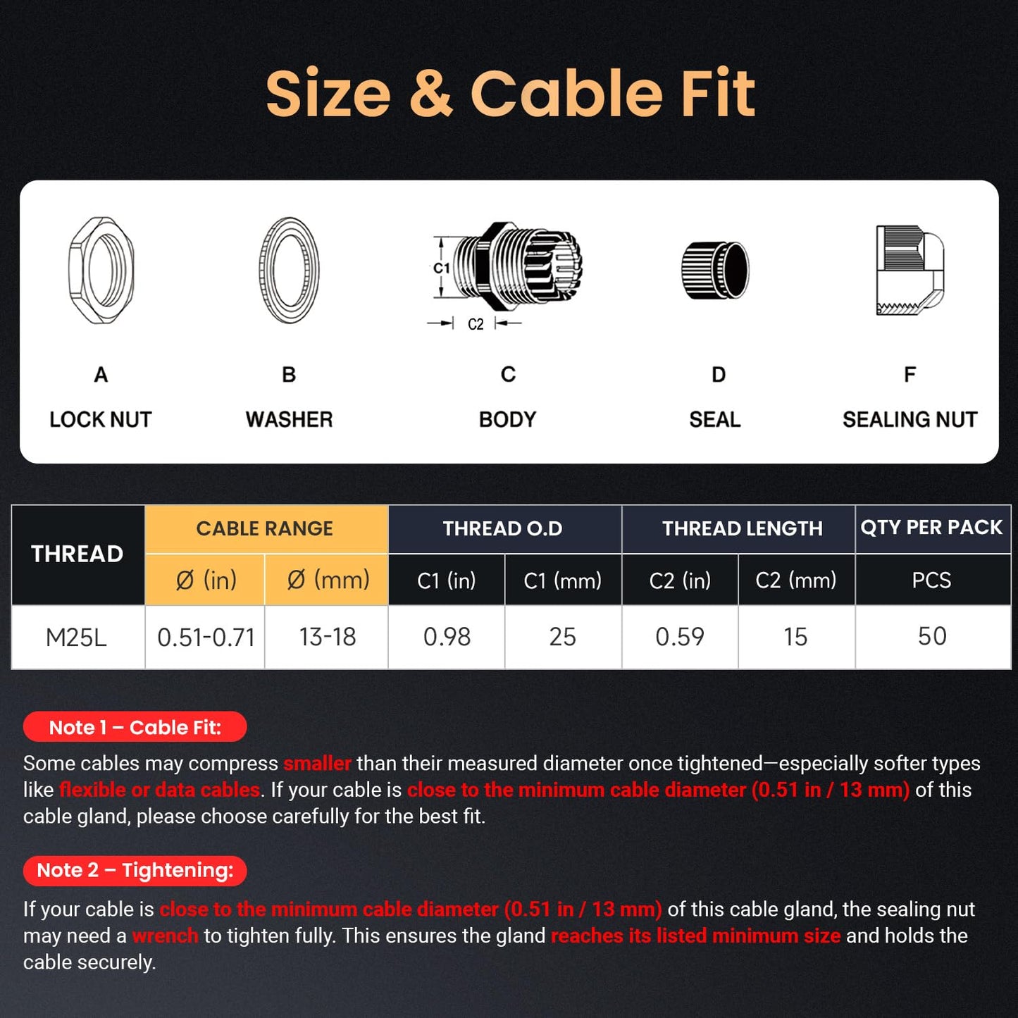 QILIPSU 50pcs M25L Long Thread Cable Gland Waterproof IP68 Nylon Strain Relief Cord Grip Cable Pass Through Wire Connector