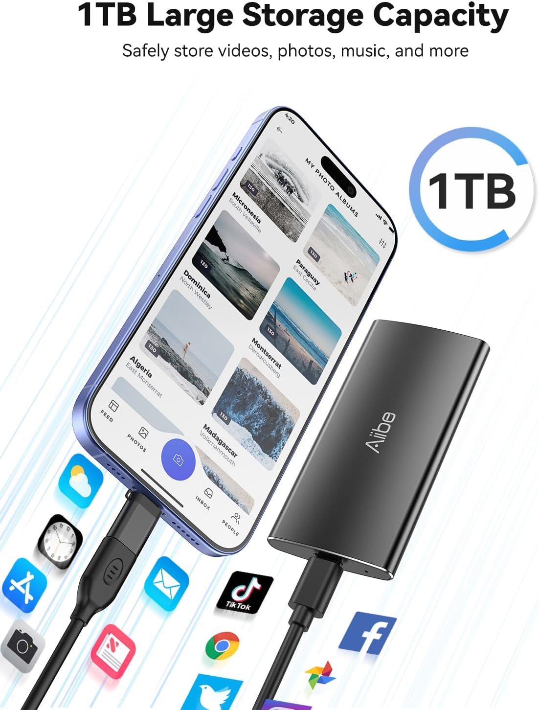 Aiibe 1TB External Solid State Drive USB C Portable SSD USB 3.2 Gen 2, Up to 1050MB/s, 1TB External SSD External Hard Drive for iPhone 15/Pro, Laptop, Mac and PS4 (Black)