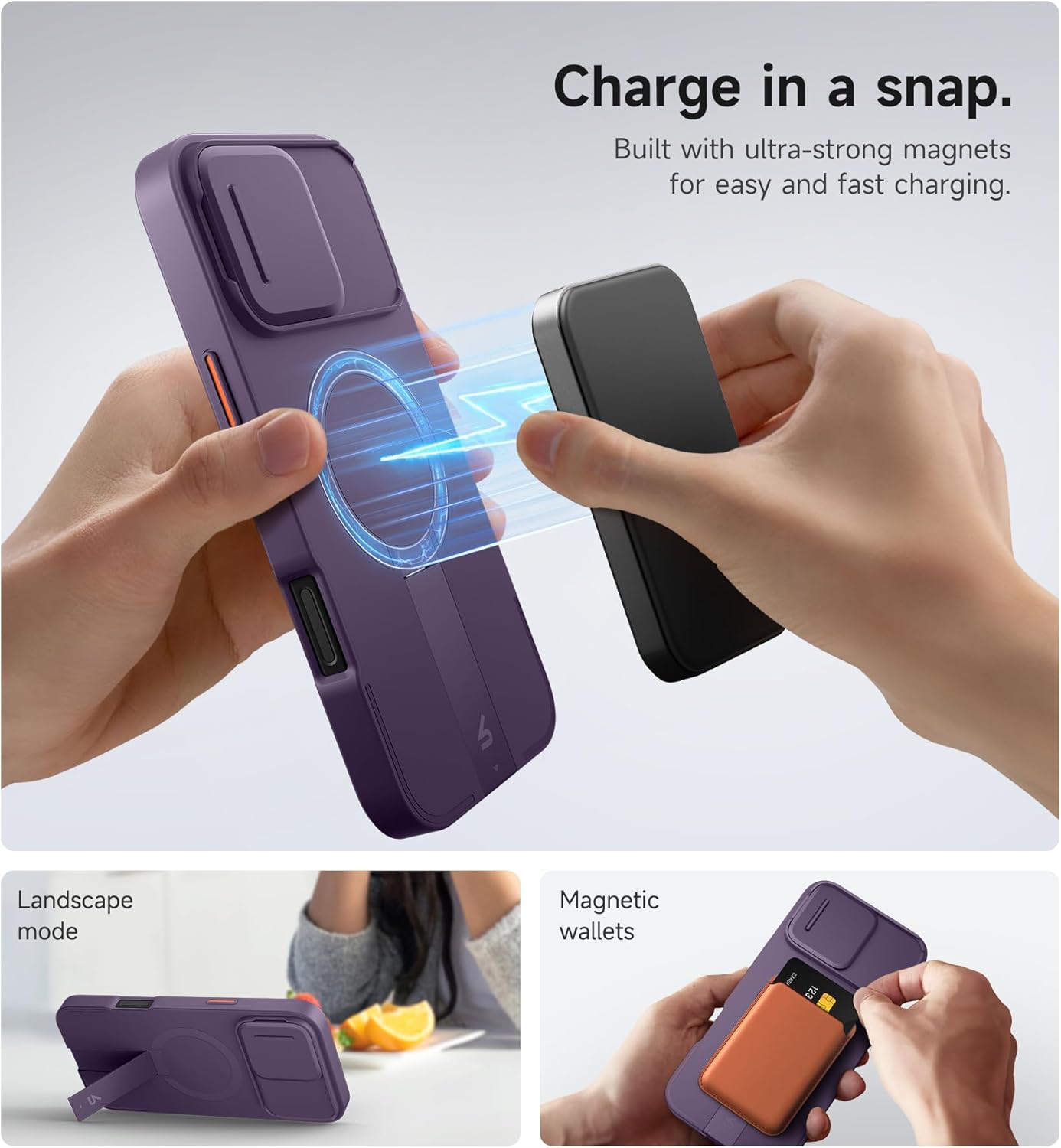 SURITCH for iPhone 16 Pro Max Case with Magnetic Camera Slide Cover and Adjustable Kickstand, Compatible with MagSafe, Shockproof Bumper Case Slim Protective Cover 6.9 Inch, Dark Purple