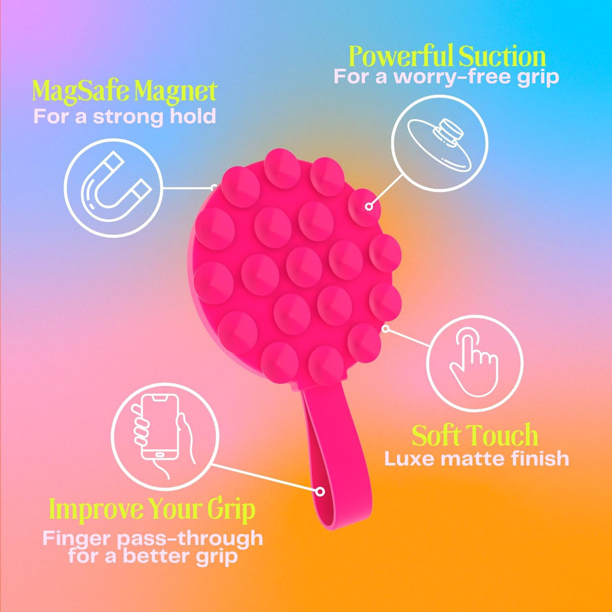 FELONY CASE - Neon Pink Magnetic Suction Cup Phone Mount and Grip – Strong Silicone Holder for Hands-Free Convenience, Compatible with MagSafe Cases and iPhone 16, 15, 14, 13, 12
