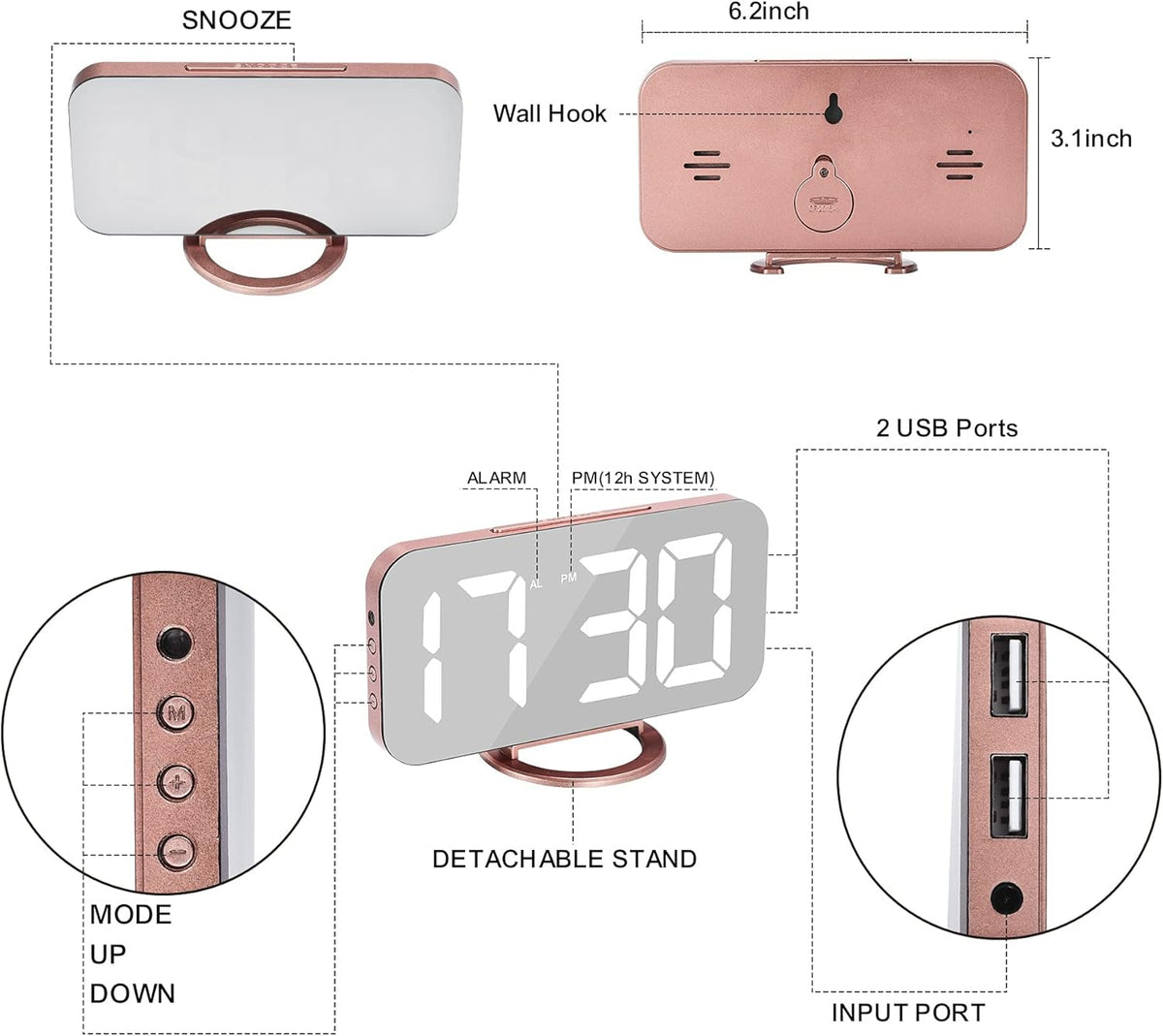 SZELAM Alarm Clock for Bedroom,LED and Mirror Digital Clock Large Display,with Dual USB Charger Ports,Auto Dim,Snooze Mode,Modern Desk/Wall Electronic Clock for Girl Woman Mom Teens - Rose Gold