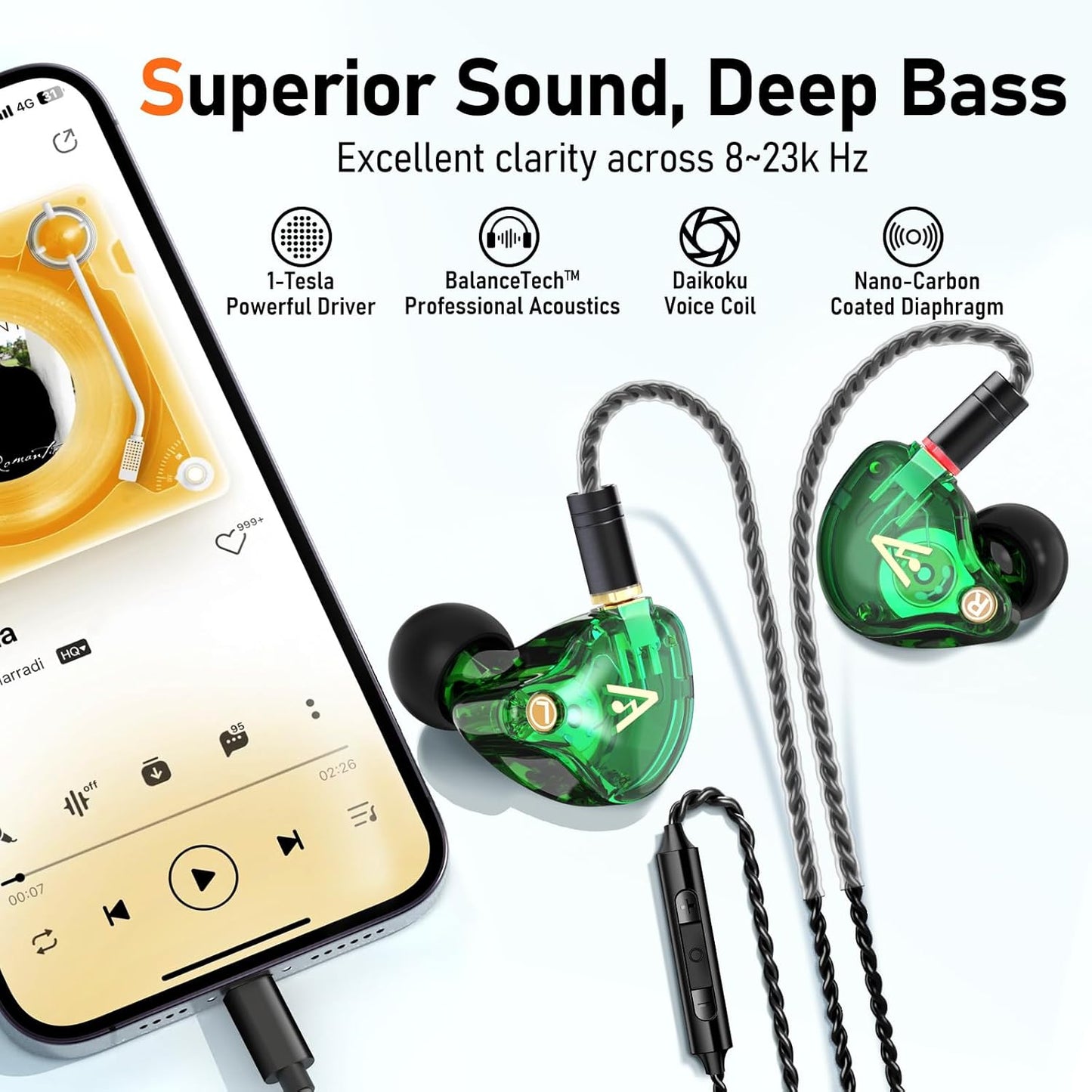 Vibes 202ML Wired Earbuds - HiFi in Ear Headphones - Noise-Isolating Ear Buds w/ Mic - Clear Sound, Deep Bass, Comfort-Fit Earphones - MMCX–Lightning for iPhone 5–14, Silver Plated Cord, Carrying Case