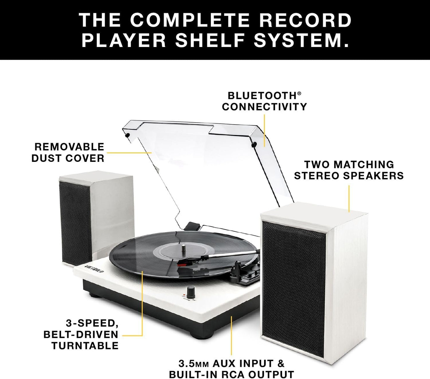 Victrola Montauk Vinyl Record Player, 3-Speed Belt Driven Turntable with Stereo Bluetooth Speaker Pair, RCA Output and 3.5mm Headphone Jack, Removable Dust Cover, Farmhouse Walnut Finish
