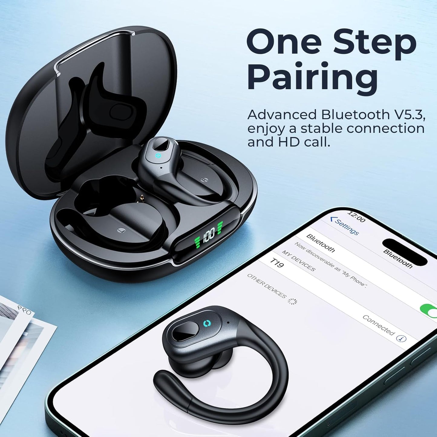 occiam Active Noise Cancelling Ear Buds Bluetooth Headphones Wireless Earbuds 90Hrs Playback Stereo Bass Earphones with Over-Ear Hooks IPX7 Waterproof Earbud for Sports Running Gym Workout Black