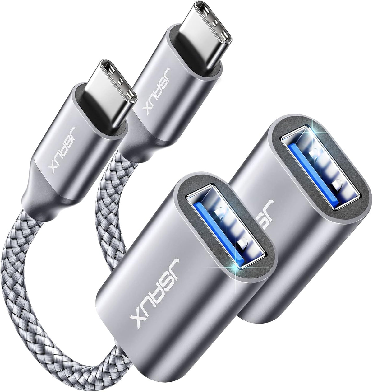 JSAUX USB C to USB Adapter [2 Pack], USB Type C Male to USB 3.0 Female OTG Cable Thunderbolt3 to USB Adapter Compatible with MacBook Pro/Air 2019 2018 2017, Galaxy S23 S23+ Ultra Note 10 S9 S8-Silver