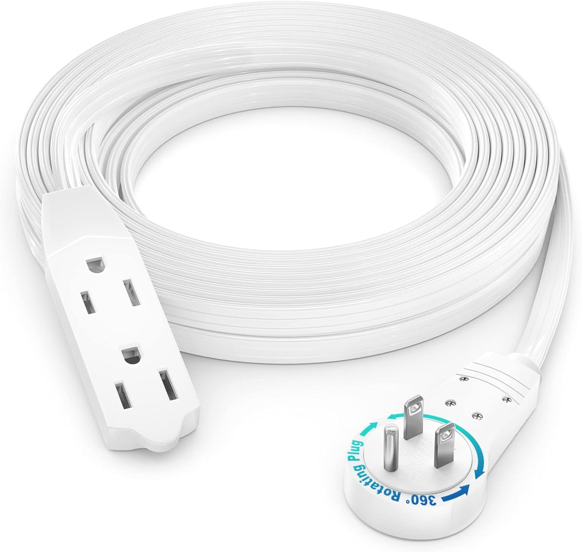 Maximm Cable 15 Ft 360° Rotating Flat Plug Extension Cord/Wire, 16 AWG Multi 3 Outlet Extension Wire, 3 Prong Grounded Wire - White - UL Certified