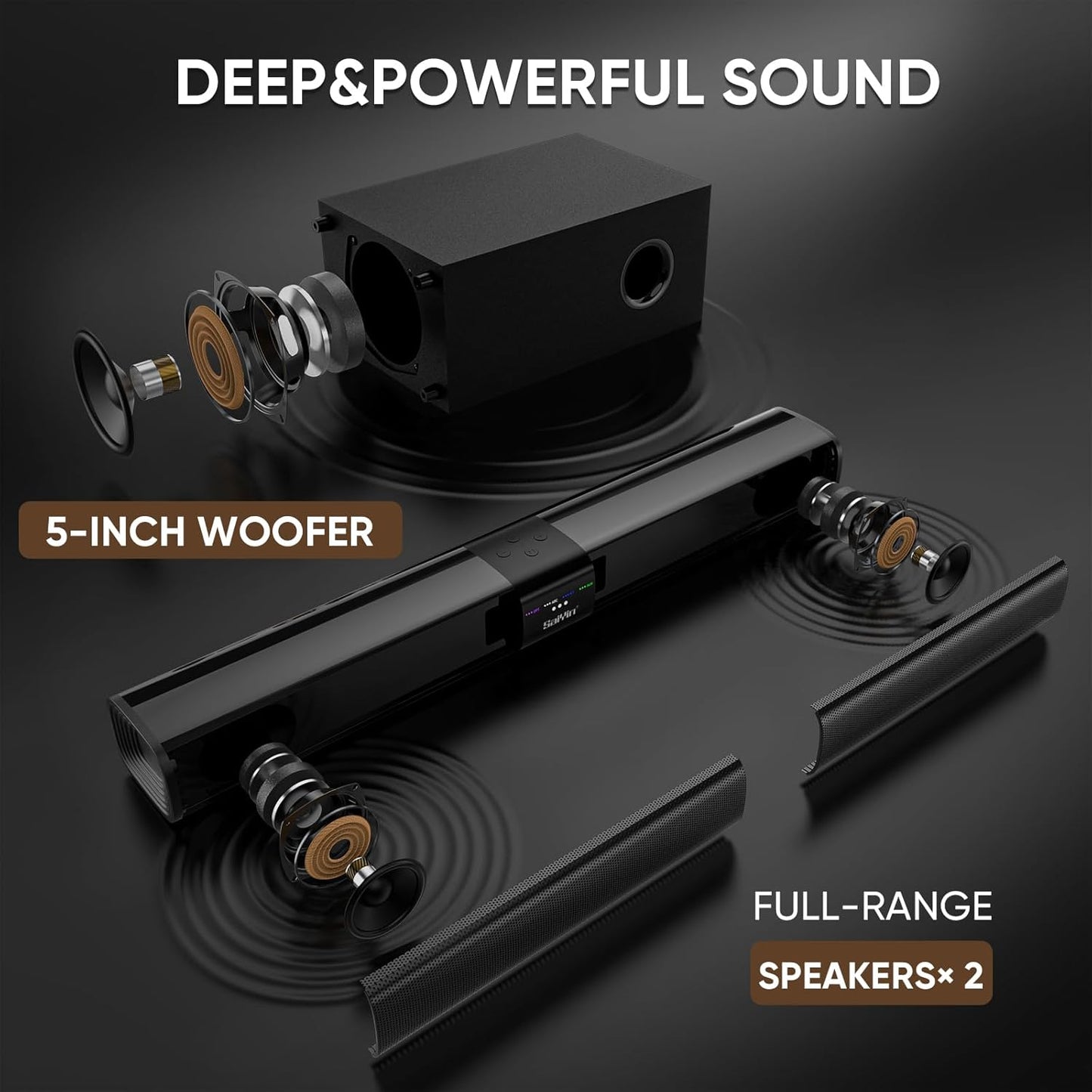 Saiyin Sound Bar for Smart TV with 5.25 Inch Subwoofer, 100W 24 Inch Soundbar for TV, TV Soundbar with Optical, ARC, AUX and Bluetooth 5.3 Inputs, Detachable Surround Sound System for TV