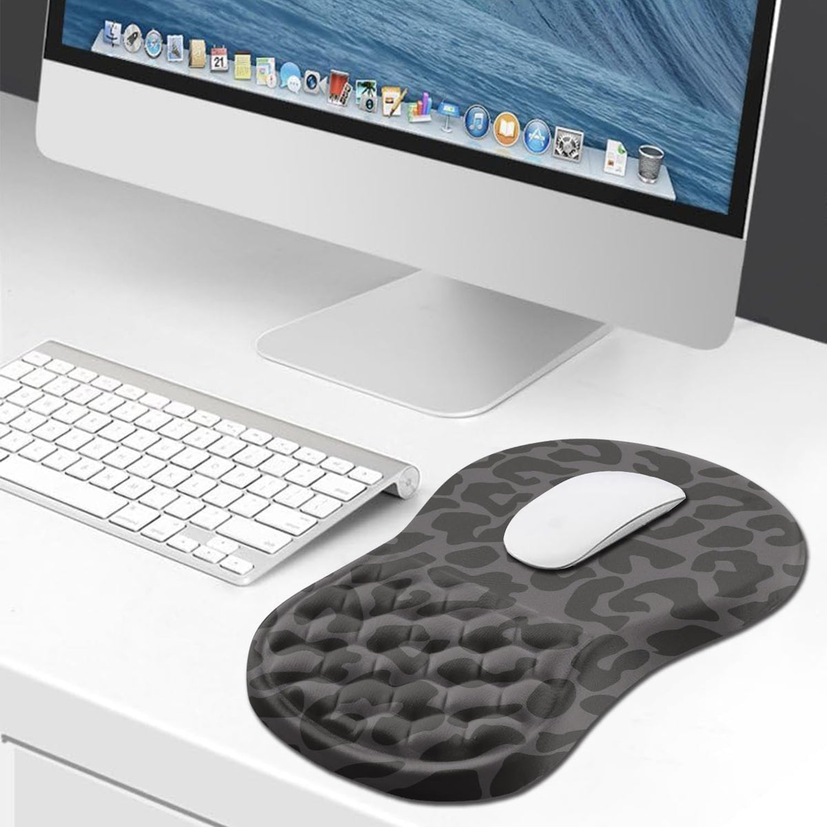 Hokafenle Ergonomic Mouse Pad Wrist Support, Wrist Rest Mousepad for Carpal Tunnel Pain Relief with Integrated Memory Foam Slope Massage Bulge (11.8x7.9 inch,Black Leopard