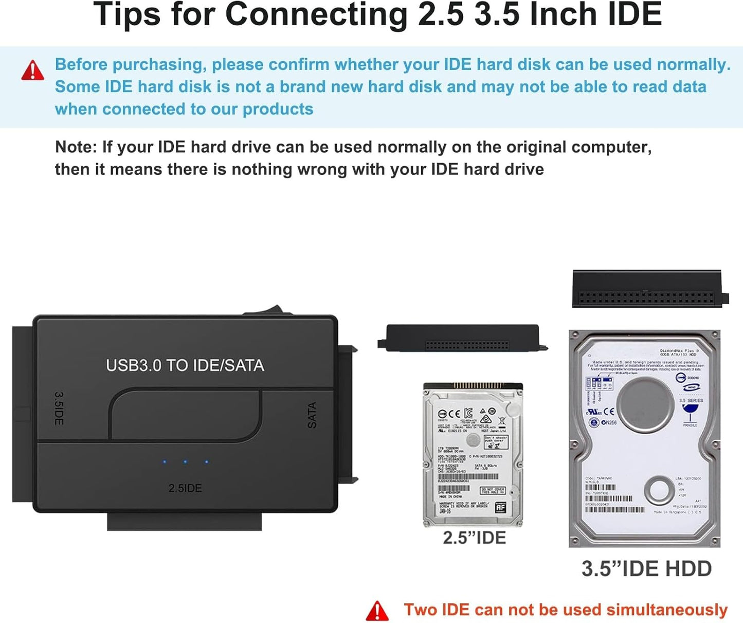 USB 3.0 to SATA IDE Hard Drive Reader, YINNCEEN External Hard Drive Ultra Recovery Converter Universal Hard Drive Adapter Kit for 2.5/3.5 HDD/SSD Hard Drive Disk, Include 12V/2A Power Adapter