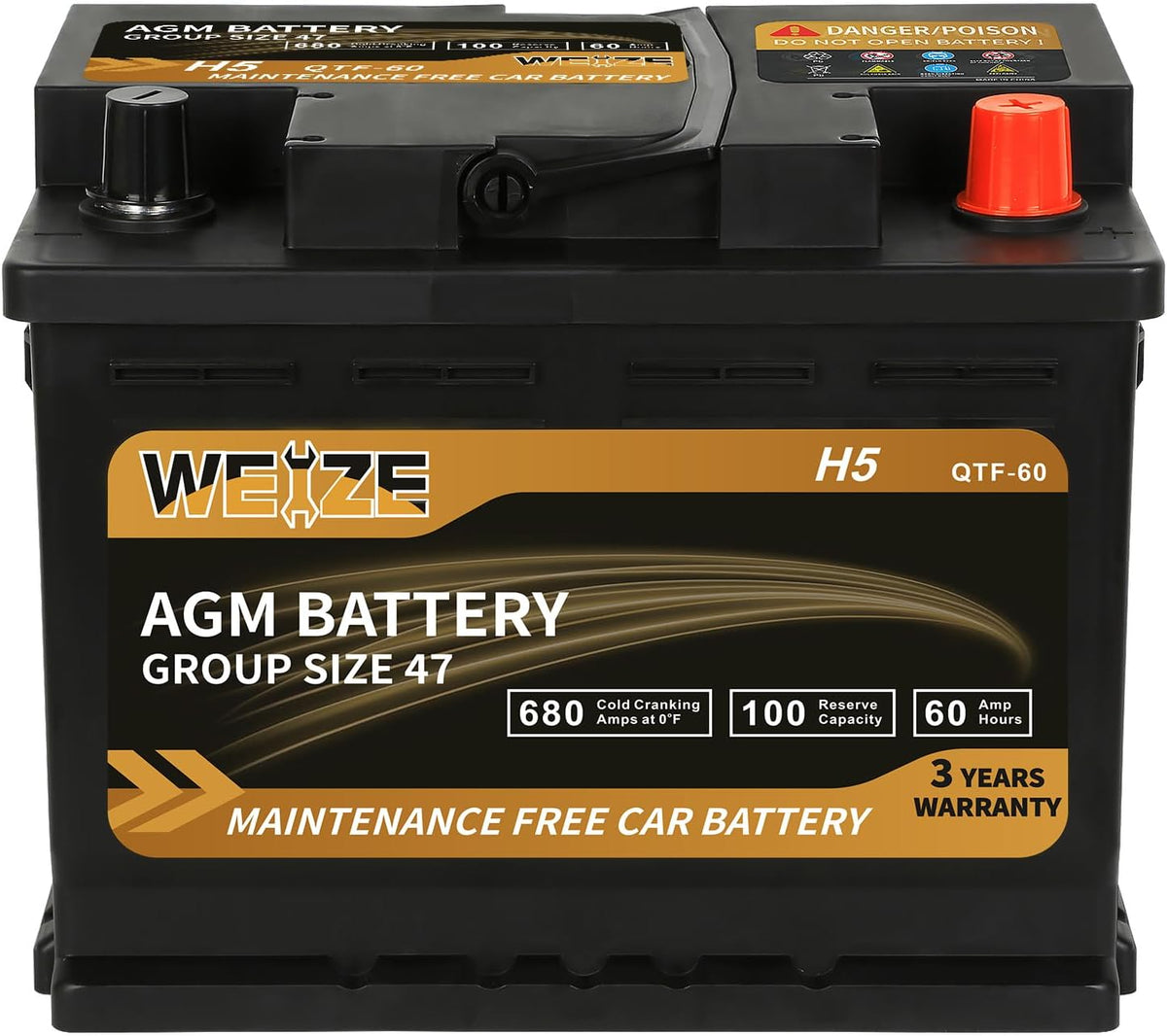 Weize Platinum AGM Battery BCI Group 47-12v 60ah H5 Size 47 Automotive Battery, 100RC, 680CCA, 36 Months Warranty, Dimensions 9.52" L x 6.89" W x 7.48" H
