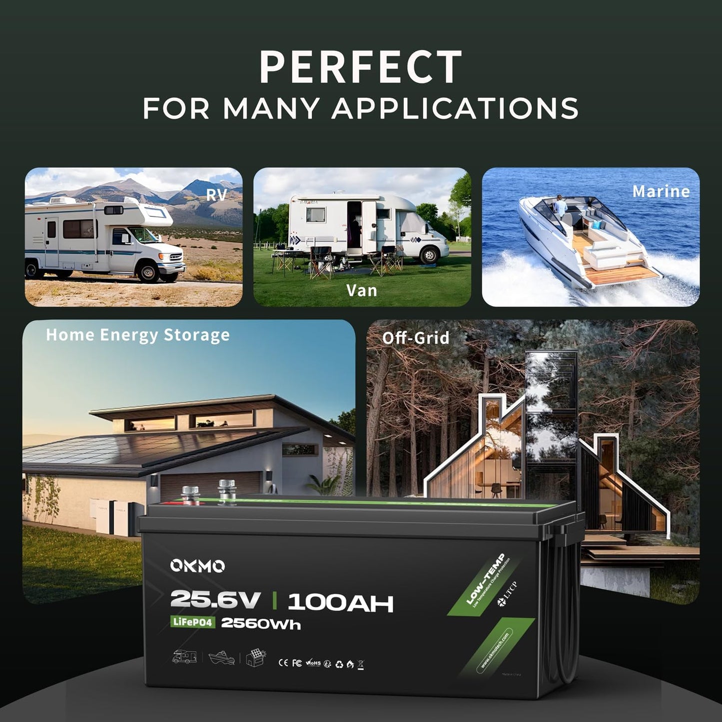OKMO 24V 100Ah LiFePO4 Lithium Battery for Marine, Trolling Motor, RV, with Low Temperature Protection, 10 Years 15000+ Deep Cycles, 25.6V Iron Phosphate for Home Solar Energy Storage Off-Grid