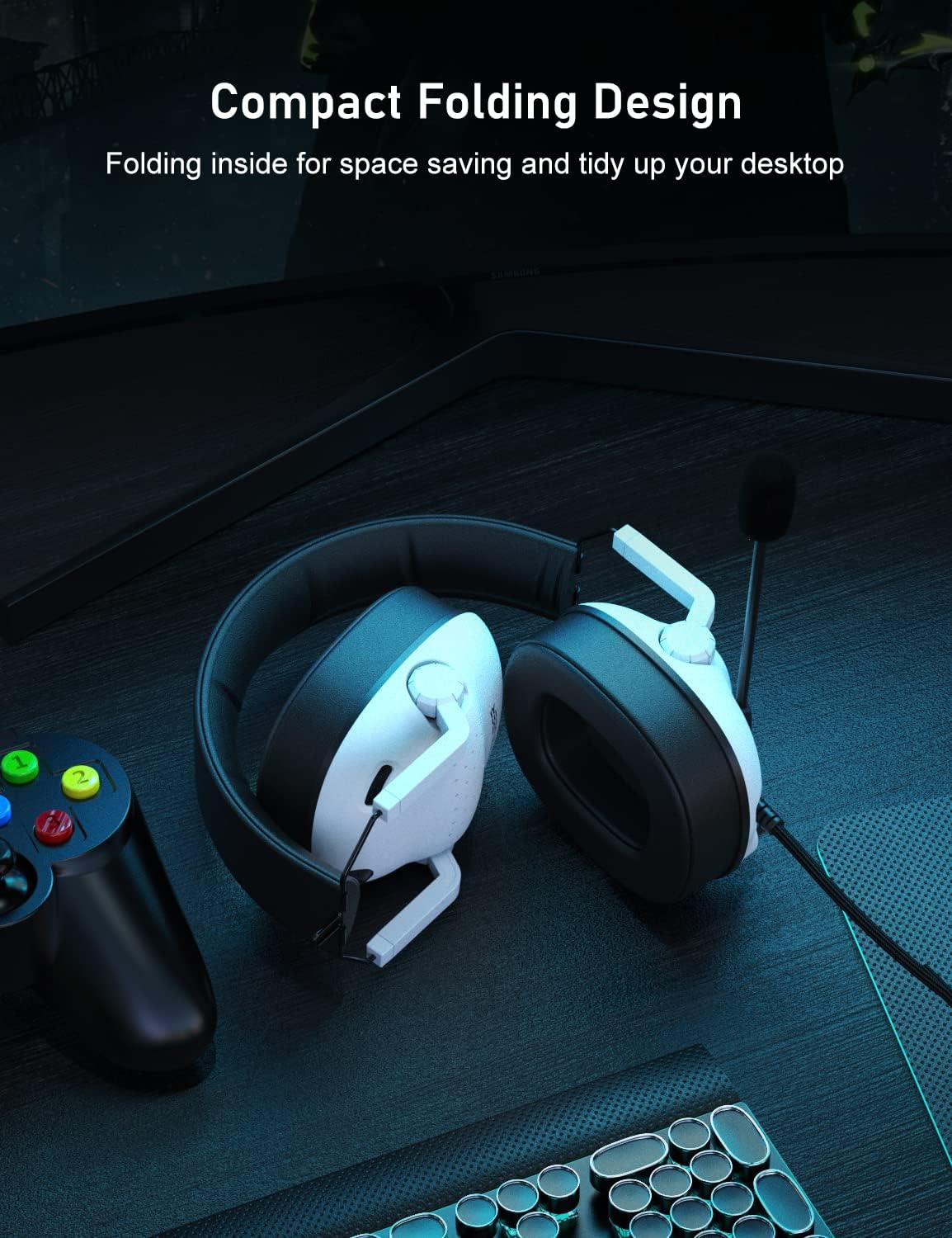 SENZER SG500 Surround Sound Pro Gaming Headset with Noise Cancelling Microphone - Soft Memory Foam Padding - Portable Foldable Headphones for PC, PS4, PS5, Xbox One, Switch - White