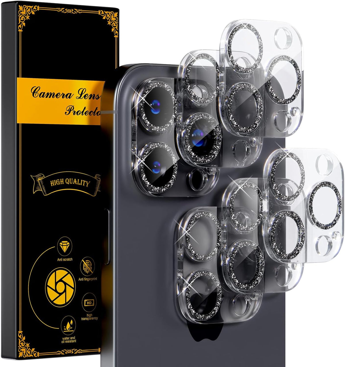 beuxece for 6 Pack iPhone 15 Pro/iPhone 15 Pro Max Camera Lens Protector [Drop Protection] [Case Friendly] [Easy Installation] 9H Tempered Glass Camera Screen Protector Cover, Glitter Black