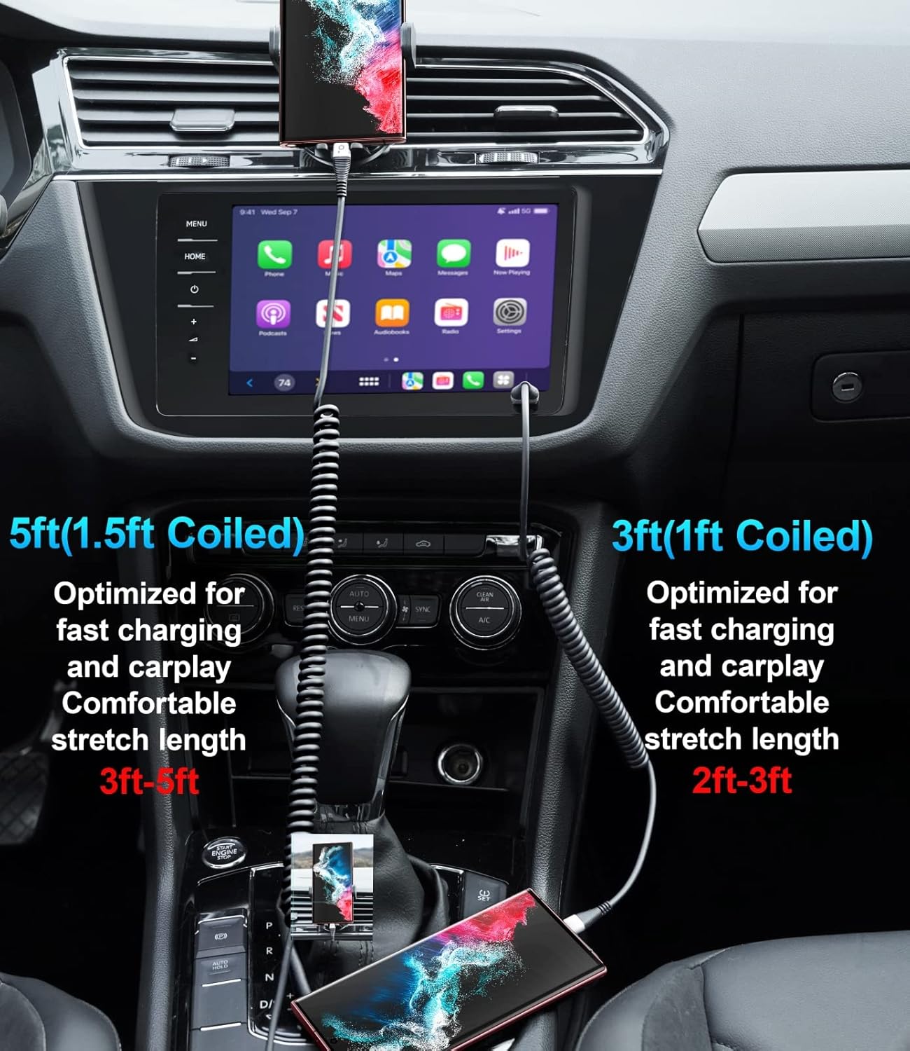 USB Type C Coiled Cable Fast Charging (3FT/5FT), 2Pack Android Auto Charging Cord for Car, Short USB A to USB C Charge Cable Compatible with iPhone 16/15/Pro Max/Samsung Galaxy S20 Note 10 and More