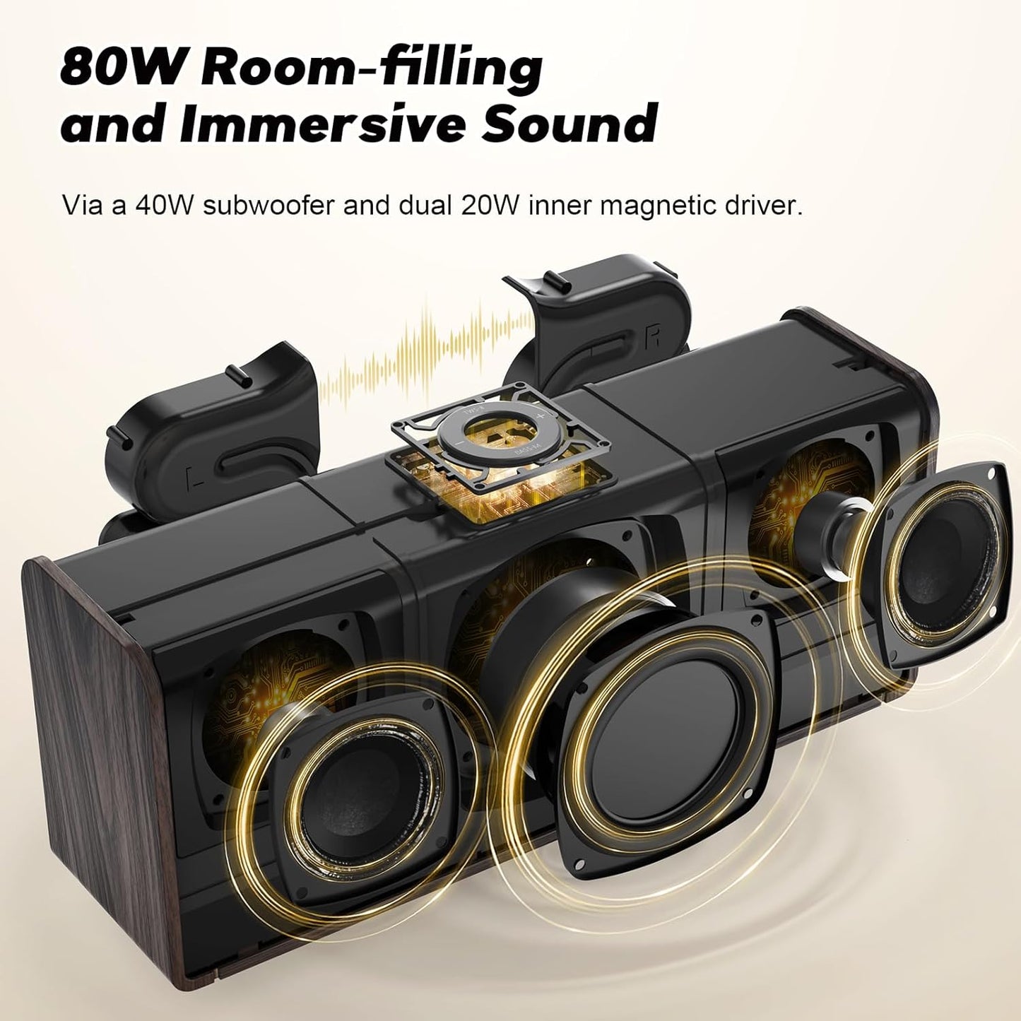 DOSS SoundBox Ultra Bluetooth Speaker with 2.1 Channel Audio, 80W Superior Sound with Deep Bass, Two DSP Technologies, 18H Playtime, BT 5.3, Wireless for Home, Office, Bedroom-Gold