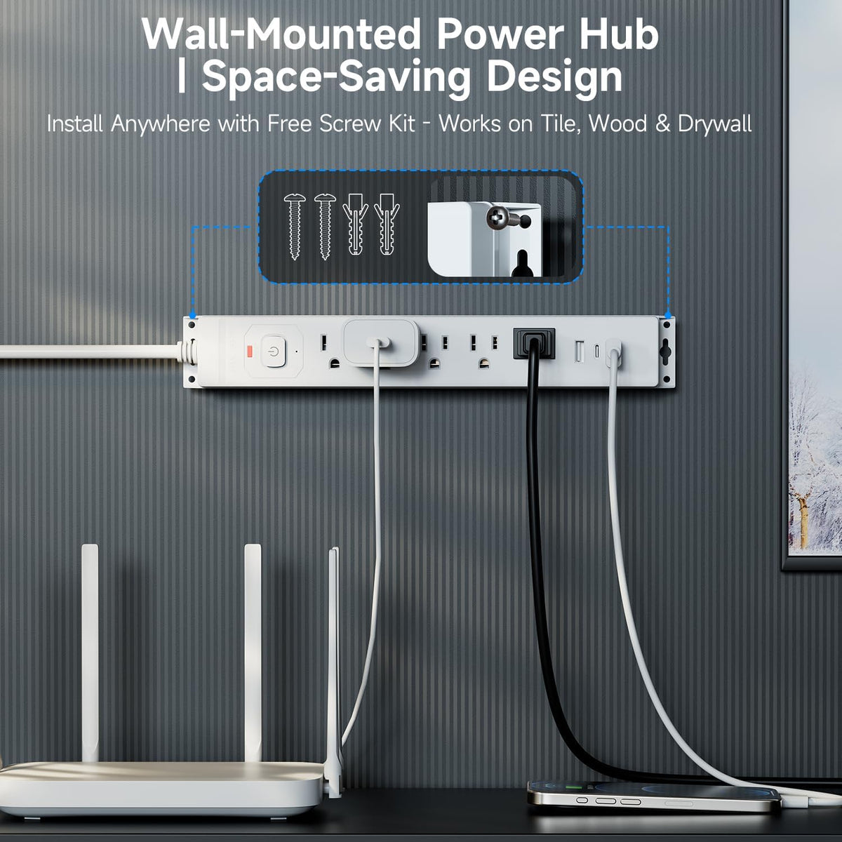 15 Ft Power Strip Surge Protector with USB Ports, Flat Plug Extension Cord, 5 AC Outlets and 3 USB Charging Ports, Wall Mountable, ETL Listed – White for Home, Office, Dorm