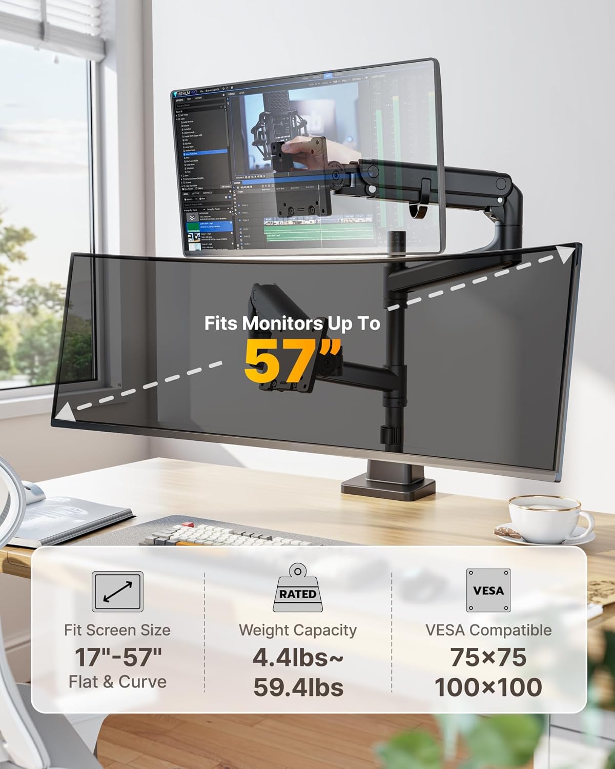 monTEK Dual Monitor Arm for up to 57" and 59.4 lbs Ultrawide Screen, Aluminum Heavy-Duty Gas Spring Vertical Stackable Curved Screen Adjustable Monitor Stand, 75/100mm Vesa Mount, Black