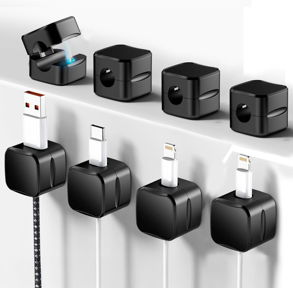 SaiTech IT Pack of 8 Magnetic Cable Clips, Cord Organizer Holder, for Desk Cable Management, Adhesive Wire Keeper for Car, Office Home Desktop, Wall, Night Table-Black
