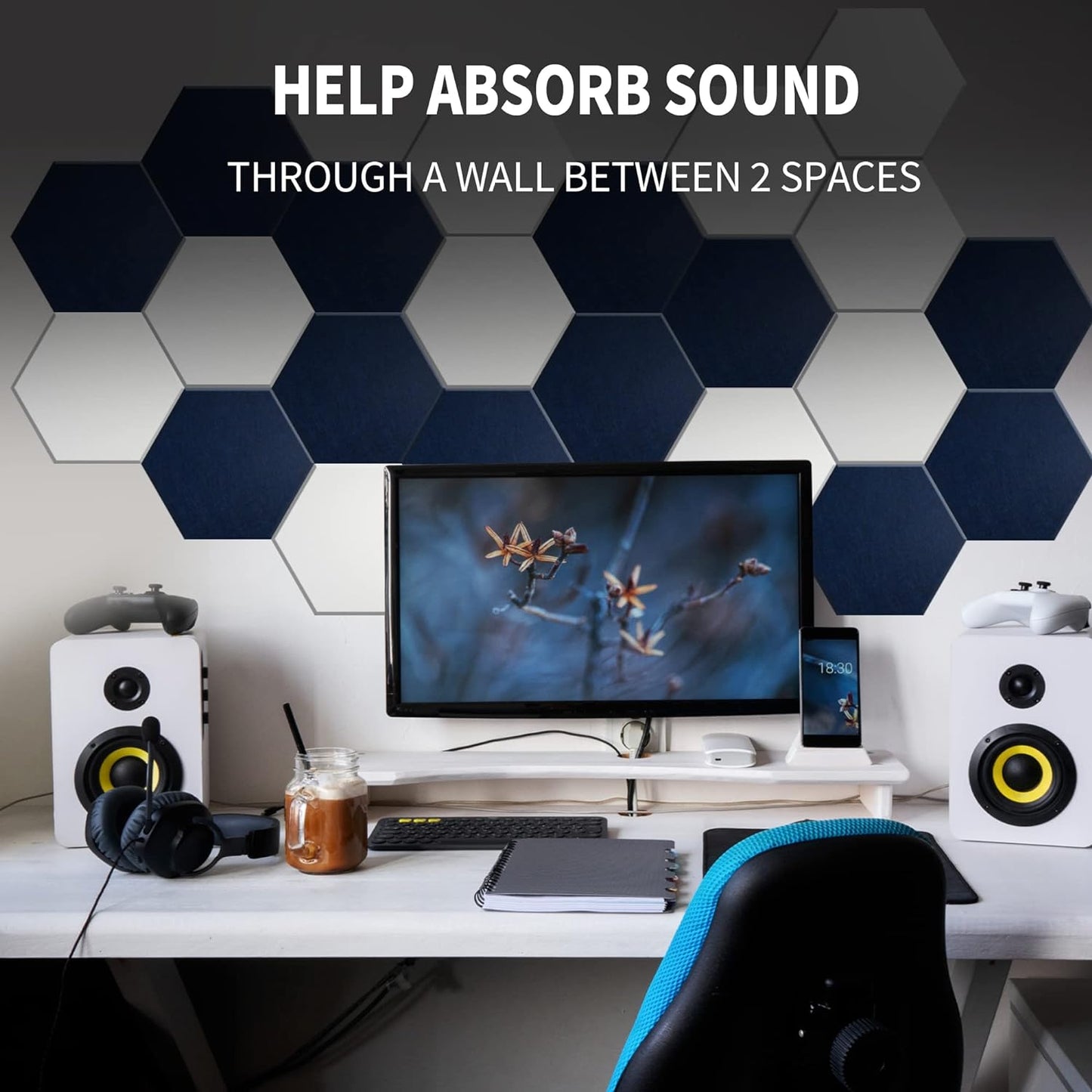 Mollywell Hexagon Acoustic Panels, High Density, Soundproofing, Decorative Noise Reduction Felt Wall Tiles for Ceilings, Home Office & Gaming Room (Sky Blue), 14x12x0.4 Inch
