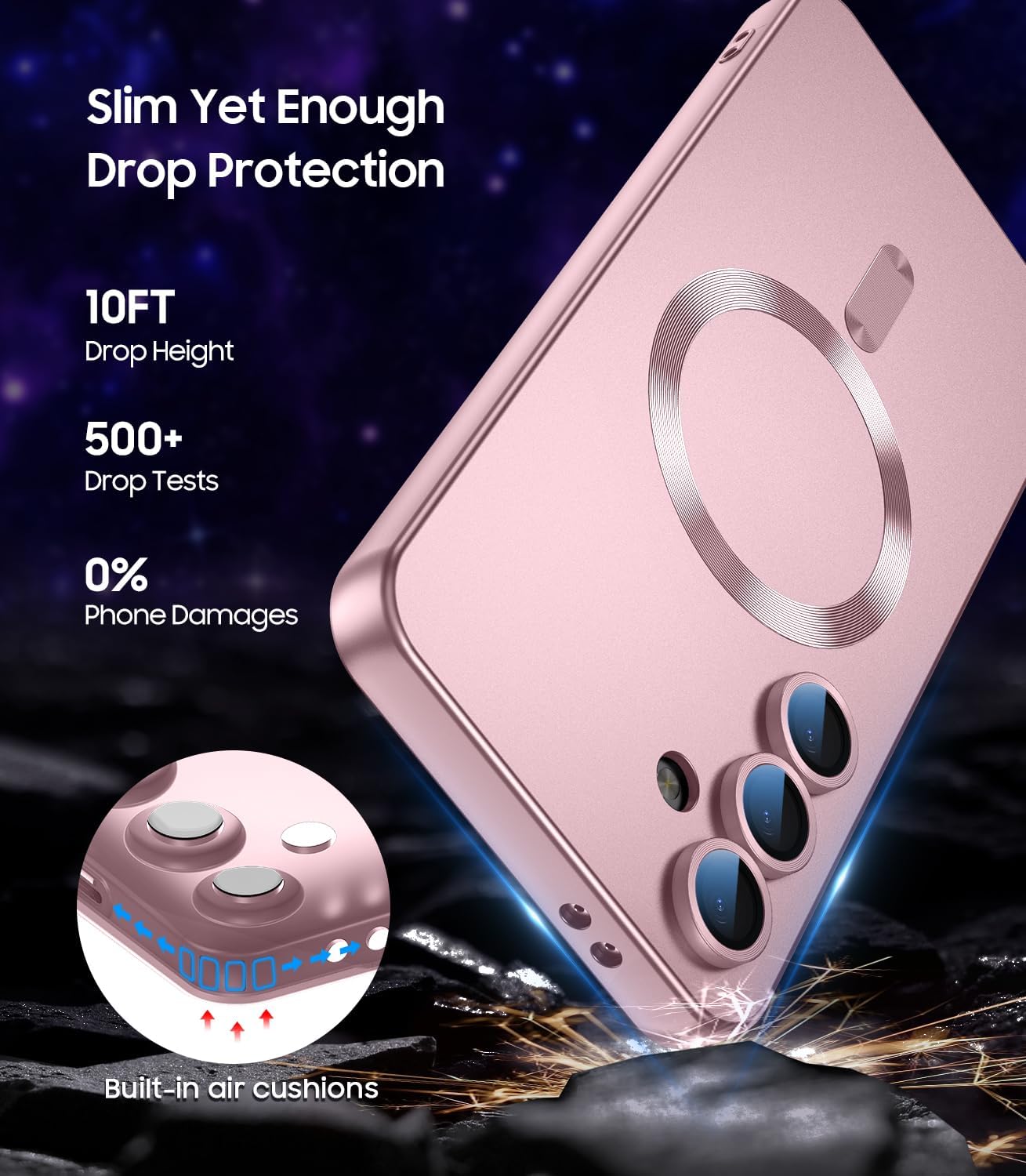 Magnetic for Samsung Galaxy S24 Case [Compatible with MagSafe][Built-in Camera Lens Protector] Slim Soft Silicone Bumper Shockproof Metallic Luster Phone Case (Rose Gold)