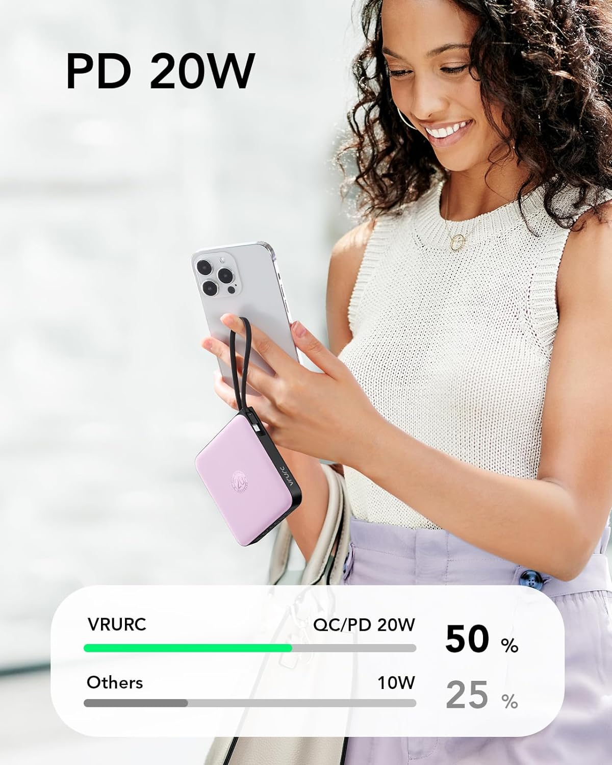 VRURC Portable Charger with Built-in Cable, 10000mAh Power Bank, 22.5W/PD20W Fast Charging USB C Battery Pack for iPhone 16 15 14 Samsung Galaxy S25 S24 S23 S22 Android Airpods, Purple(1 Pack)