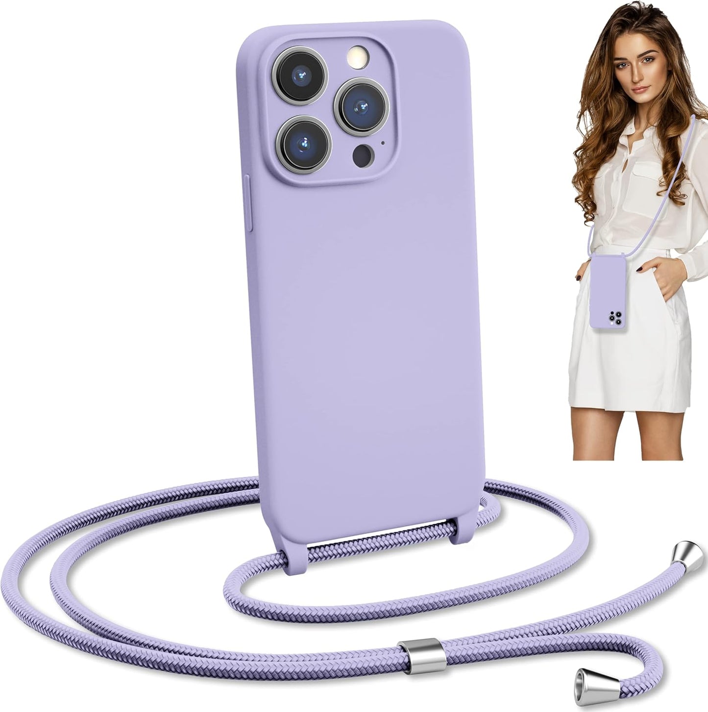 Blaspins Crossbody Lanyard Strap Case for iPhone 14, Neck Cross Body, Adjustable Holder Removable, Drop Protection Shockproof, Hands-Free Silicone Case Cover 6.1 inch, 150 cm Strap, iP14 - Purple