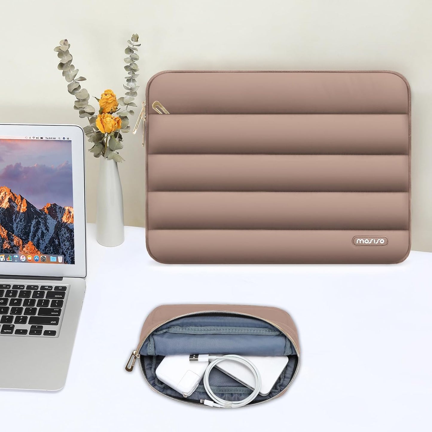 MOSISO 13.3 inch Laptop Case, 13-13.3 inch Puffy Laptop Sleeve Compatible with MacBook Air 13 13.6 M4 M3 M2 M1/Pro 13/Pro 14, HP Dell ASUS Lenovo,Polyester Horizontal Bag with Small Case, Brown