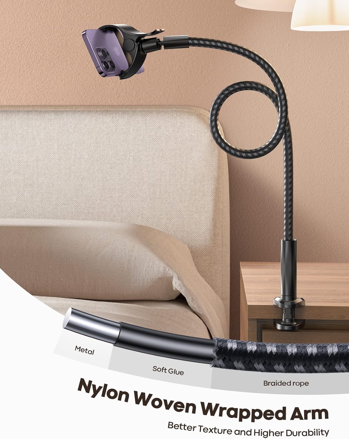 Lamicall Gooseneck Phone Holder Bed - [Nylon Braided] Flexible Arm, 38inch Overall Length, 360 Adjustable Clamp Clip, Overhead Cell Phone Mount Stand for Bed, Desk, 4-7” Cellphone