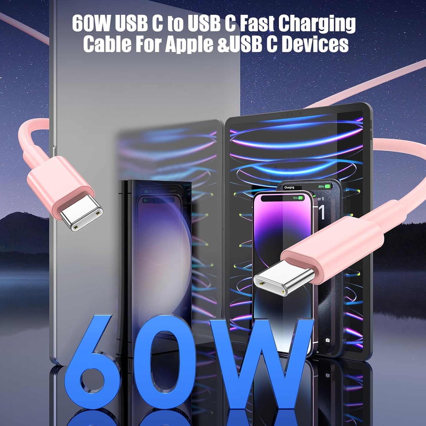 3-Pack Pink [3.3FT+6.6FT+10FT] 60W USB C to USB C Cable, Type C Fast Charging Cable for iPhone 16 15 Pro Plus Pro Max，for Galaxy S24 S23, for iPad Pro/Air, for MacBook Pro/Air and More