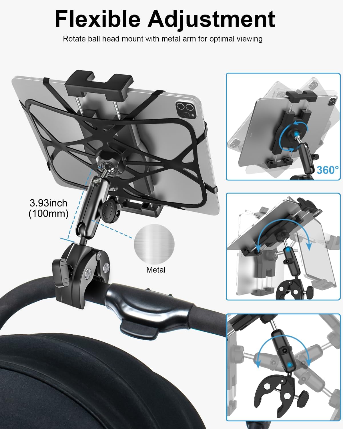 Metal iPad Tablet Mount for Boat Helm, Wheelchair Pole, Golf Cart, Stroller, Mic Stand, Fitness Bike, Road Mountain Bicycle - 360° Adjustable Handlebar Clamp for 4.7-13" iPad Pro, Air, Mini, Galaxy
