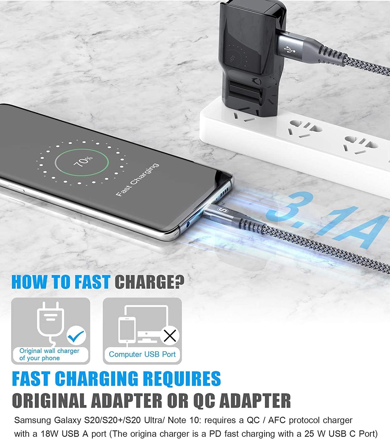 USB Type C Cable 3.1A Fast Charging [3Pack,6.6ft+3.3ft+3.3ft],Sweguard USB-A to USB-C Charger Nylon Braided Cord for Samsung Galaxy S21 S20 S10 S9 S8 Plus,Note 20 10 9 8 7,A71 A51 A32,LG,Moto,PS5-Grey