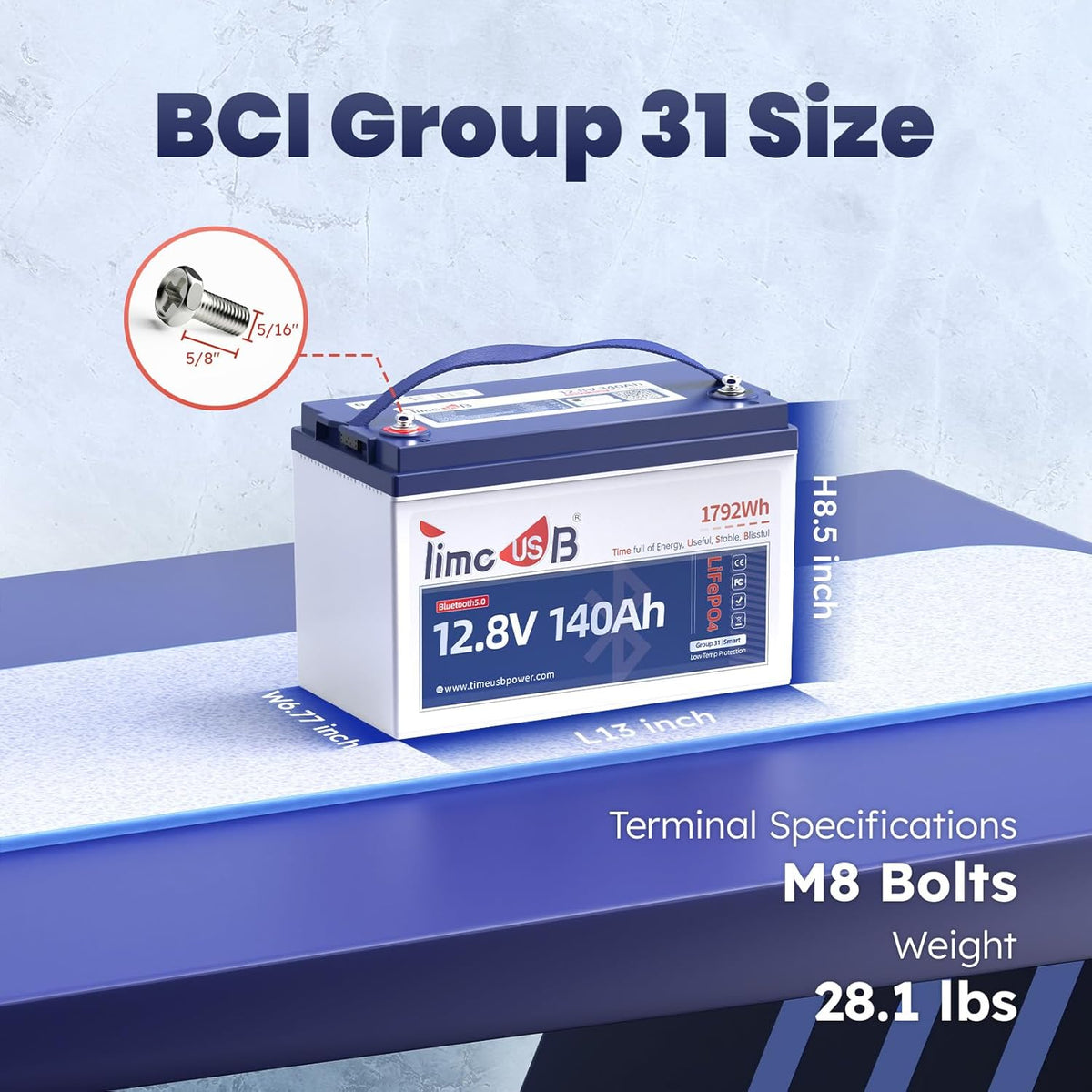 12.8V 140Ah Lithium Battery with Bluetooth, Timeusb LiFePO4 Battery with Low-Temp Protection, 150A BMS, BCI Group31, Prefect for RV, Trolling Motor, Marine, Energy Storage, Solar Off-Grid