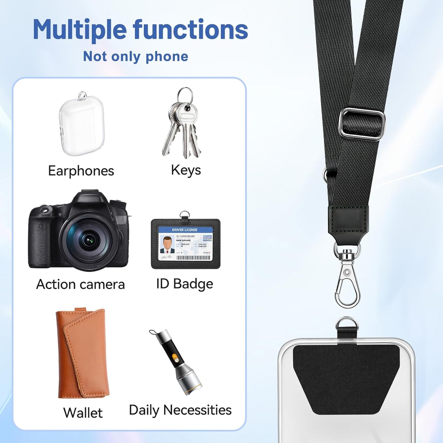 Doormoon Phone Lanyard Tether, Universal Neck Strap with Patch for Phone Case Wallet ID Badge Holder Phone Lanyard Crossbody for Most Smartphones, 2 Pack, Black Blue