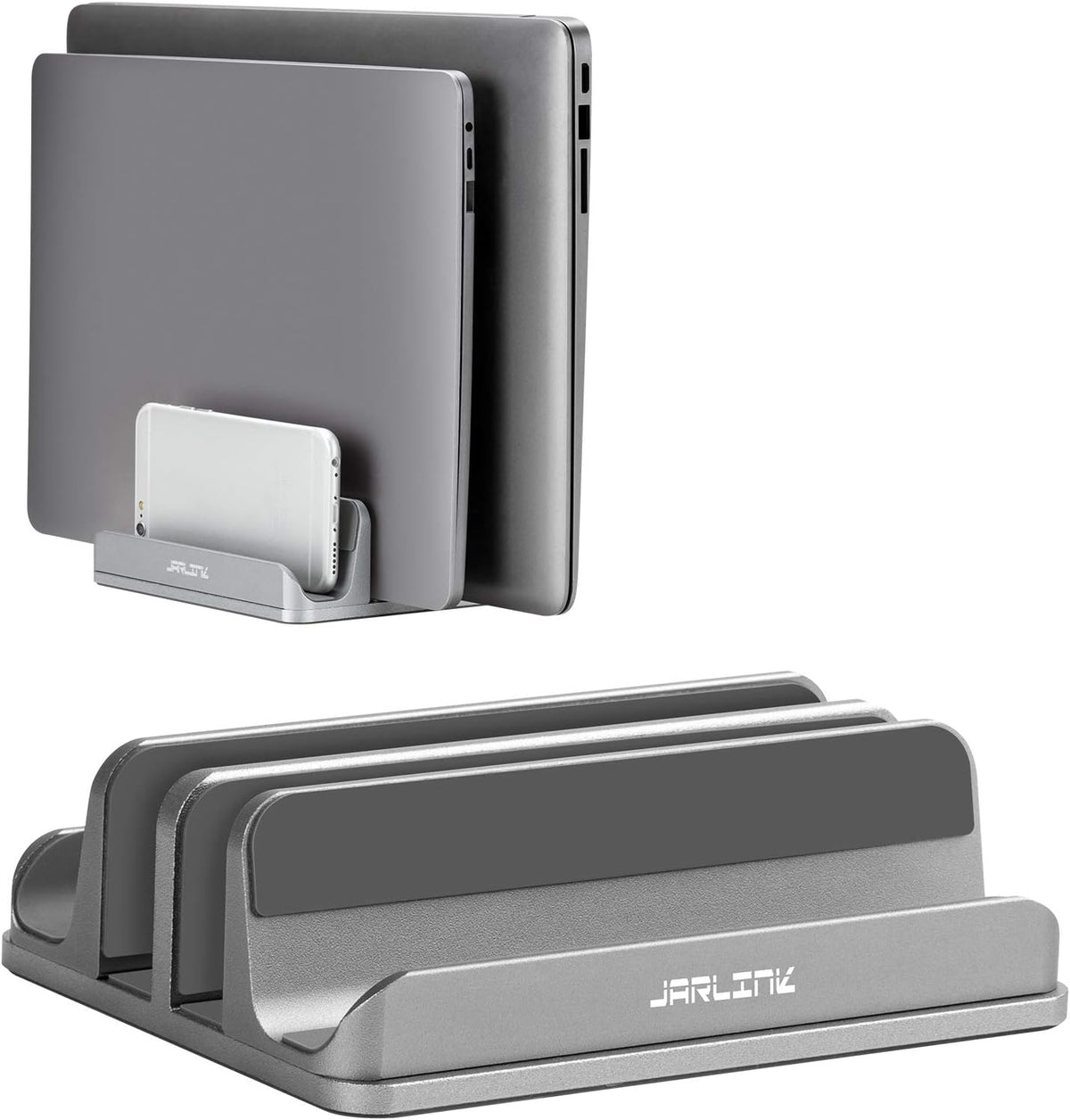 JARLINK 4-in-1 Adjustable Vertical Laptop Stand Holder, Aluminum Dual Slots Laptop Rack for Desk, Space-Saving Organizer Compatible with All MacBook, Surface, Chromebook, and Gaming Laptops (Grey)
