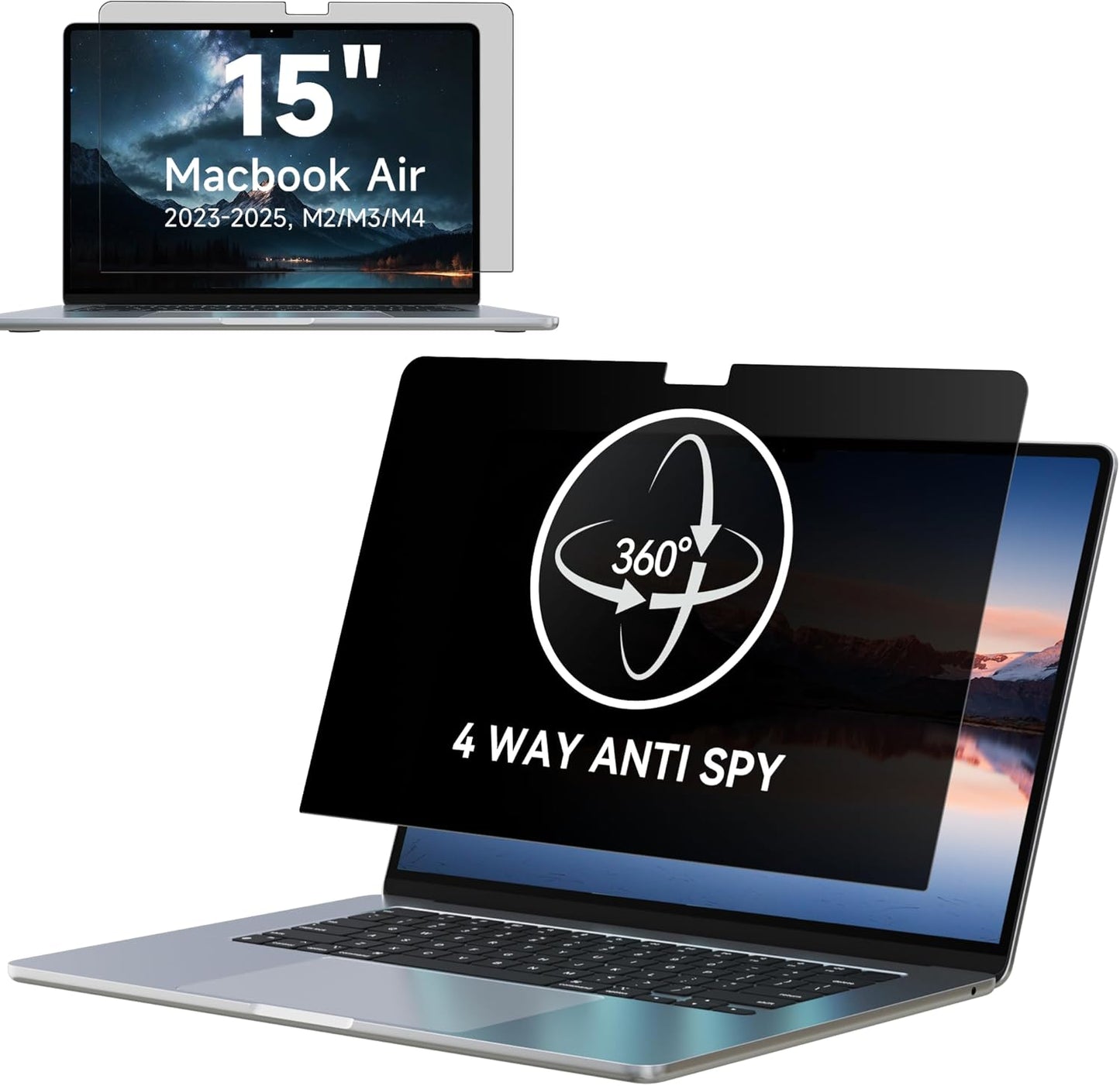 IPROKKO 360° Privacy Screen MacBook Air 15 inch (2023, 2024, 2025,M2,M3,M4),Matte Anti Glare Blue Light 15" Mac Scratch Resistant Laptop Screen Protector Filter