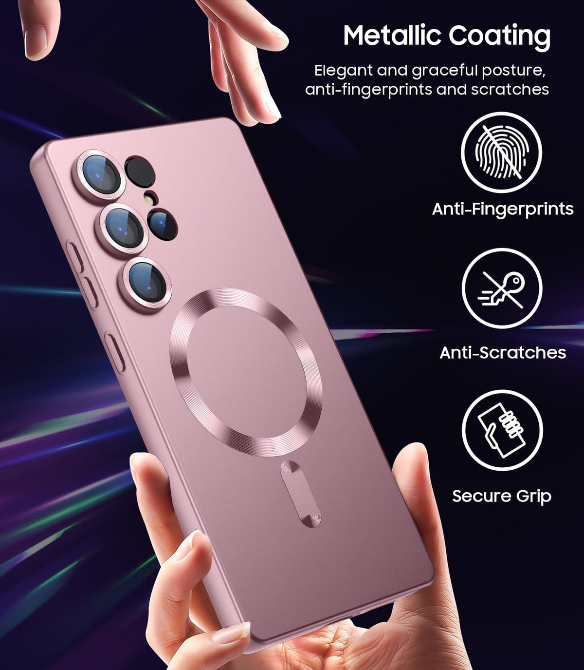 Magnetic for Samsung Galaxy S25 Ultra Case [Compatible with MagSafe][Built-in Camera Lens Protector] Slim Soft Silicone Bumper Shockproof Metallic Luster Phone Shell (Rose Gold)