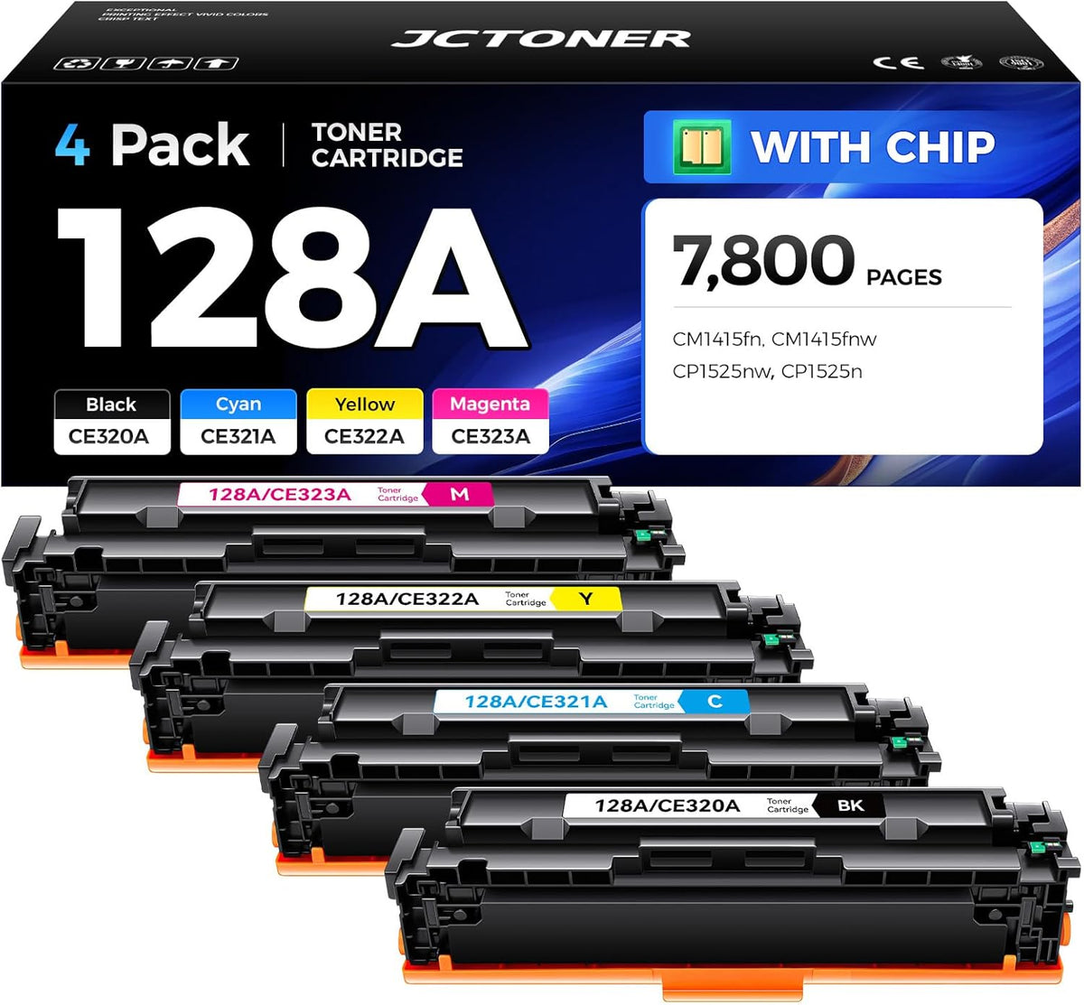 128A Toner Cartridge 4-Pack High Yield Replacement for 128A CE320A CE321A CE322A CE323A Compatible with HP Laserjet Pro Color MFP CM1415fn CM1415fnw CP1525nw CP1525n Printer Black Cyan Yellow Magenta