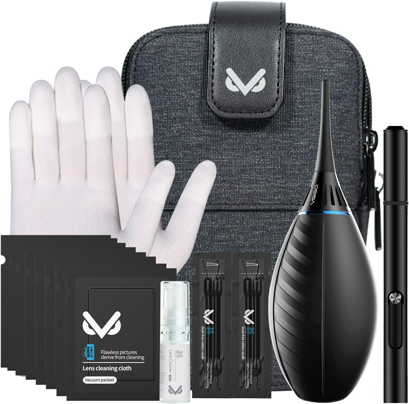 VSGO Professional Camera Cleaning Kit with Portable Bag Air Blower Lens Cleaning Pen Spray Cotton Swab Cloth Compatible for Canon, Nikon, Sony DSLR Cameras and Sensitive Electronics Bundle(VS-A3E)